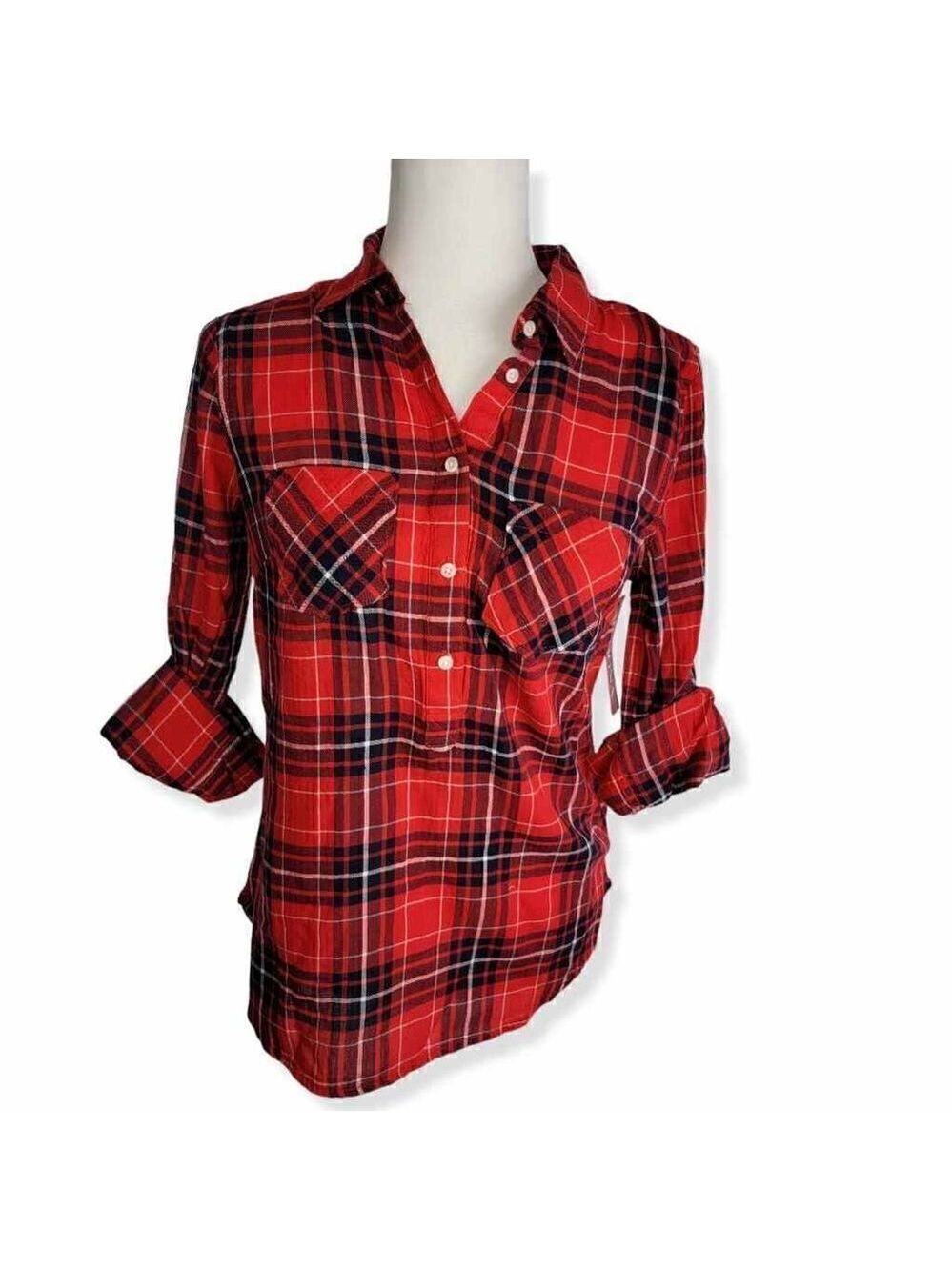 Merona Flannel  Plaid Long Sleeve 3/4 button down Shirt XS